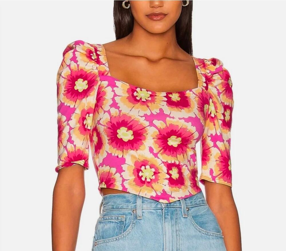 NWT Free People Give Me More Top Pink Floral Puff Sleeve Criss Cross Back Crop M